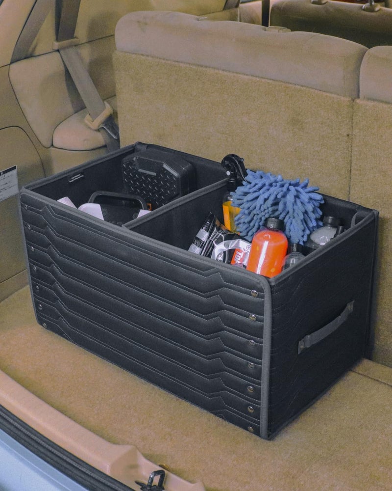 Owleys Trunk Storage 17.7" Collapsible Crate For Groceries, Tools & Travel Gear - Eco-Leather Car Organizer With Magnetic Lid - Practical Birthday Gift For Men (Highway 17) - Image 1